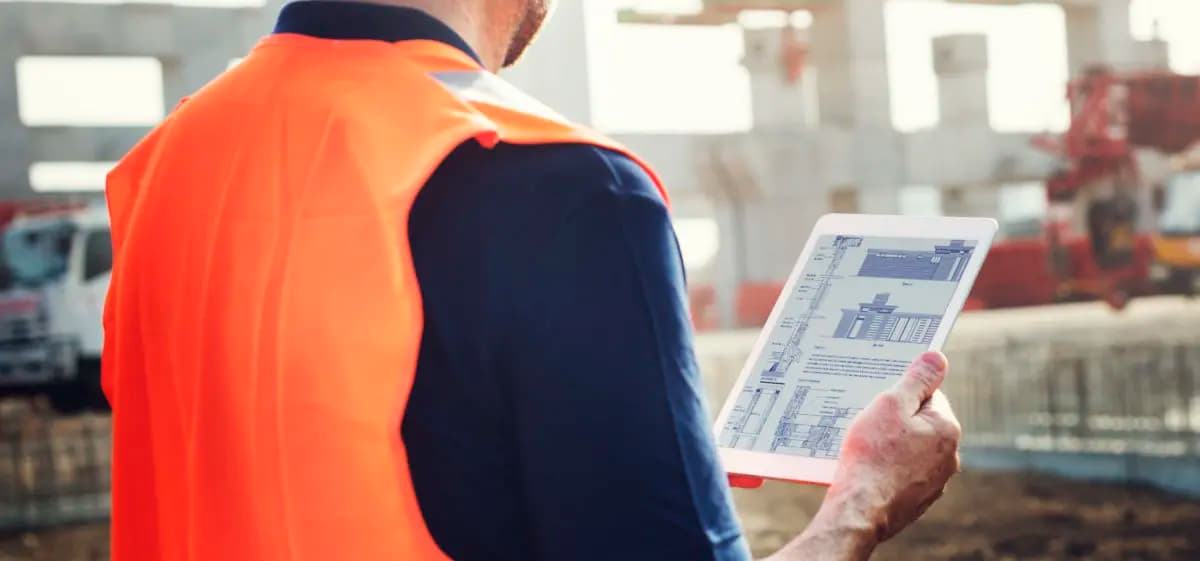 Over the shoulder of construction worker looking at an iPad with drawings 1200x561