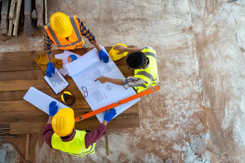 Over head shot of three construction workers looking at drawings