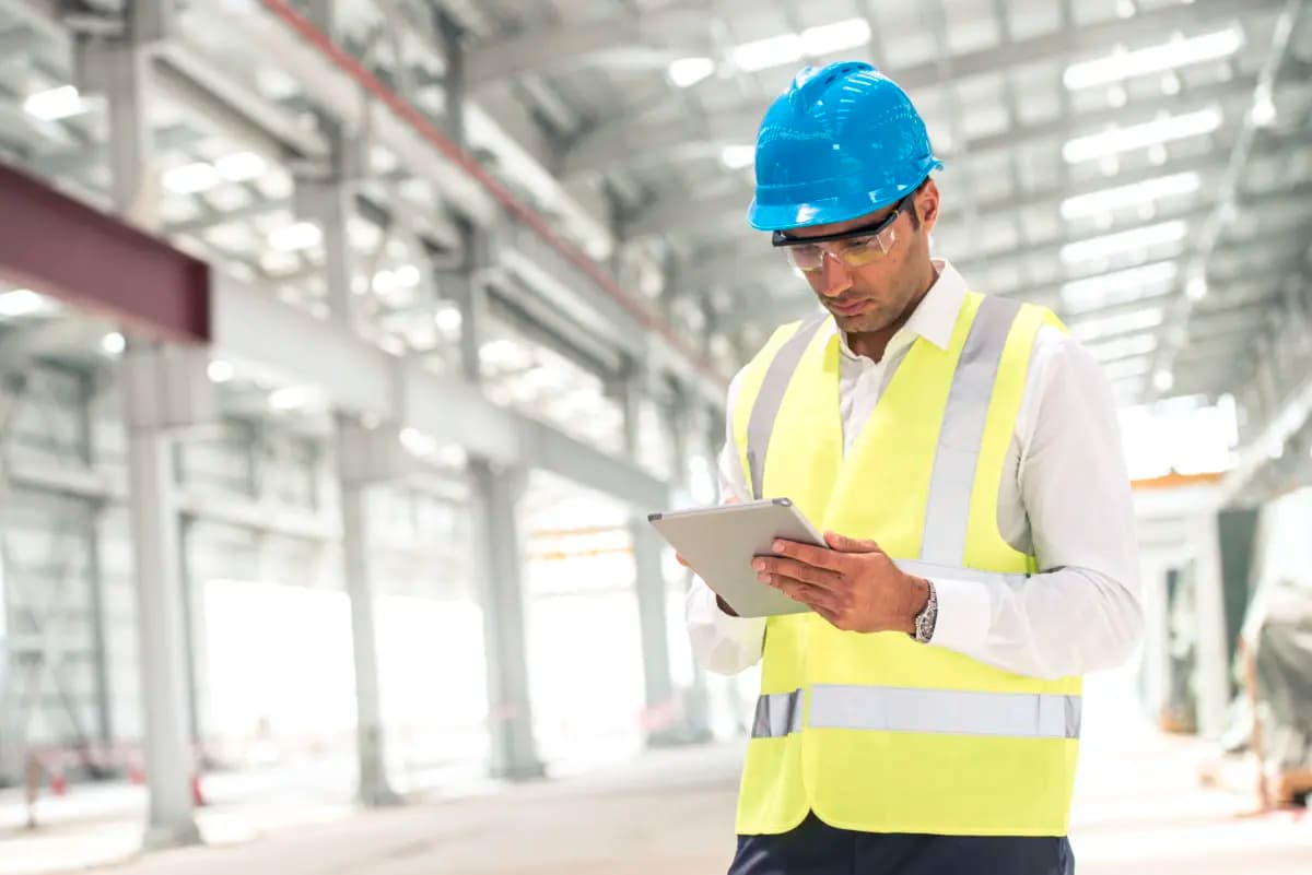 Male construction worker looking down at an iPad1200x801