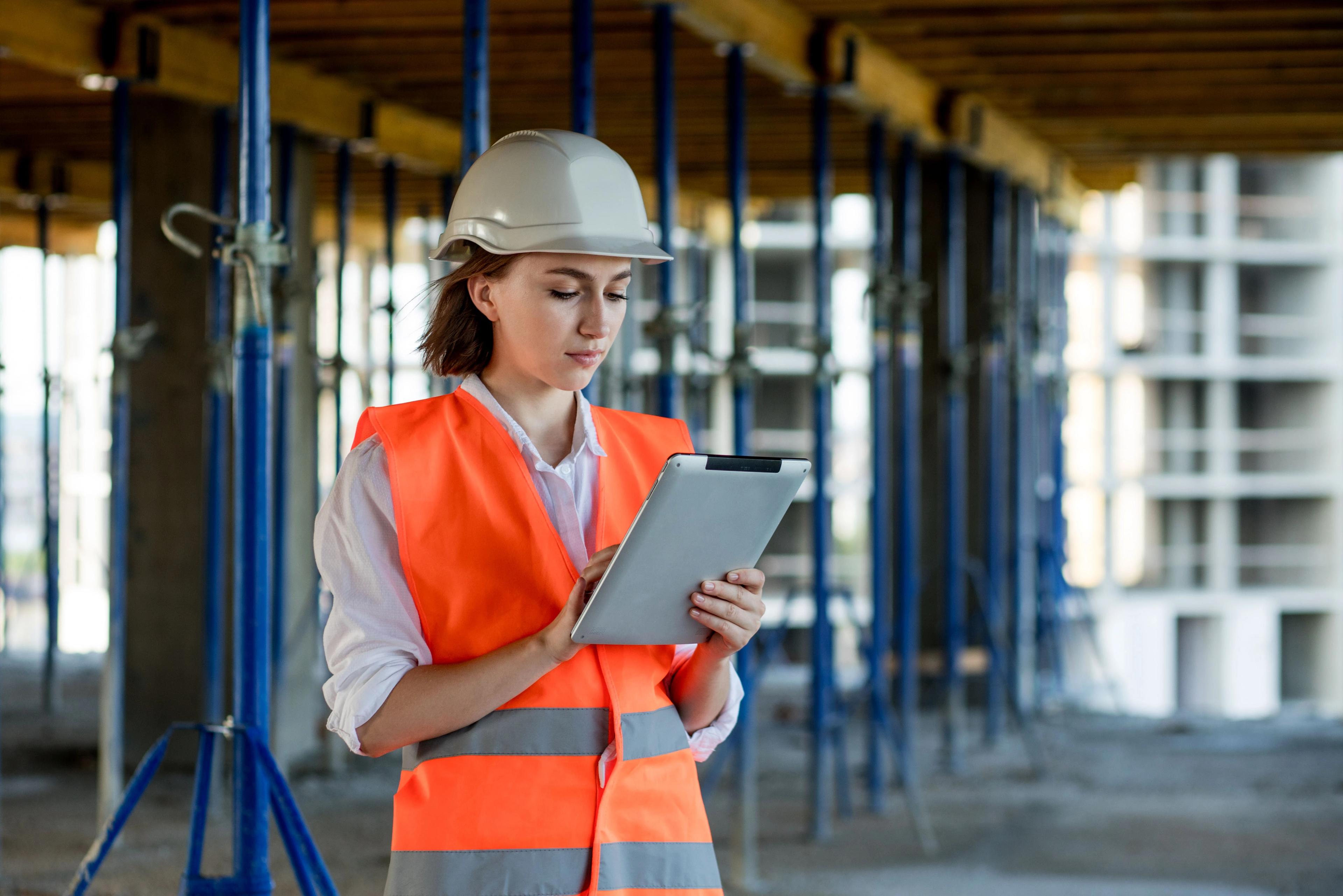 Female construction looking at an iPad