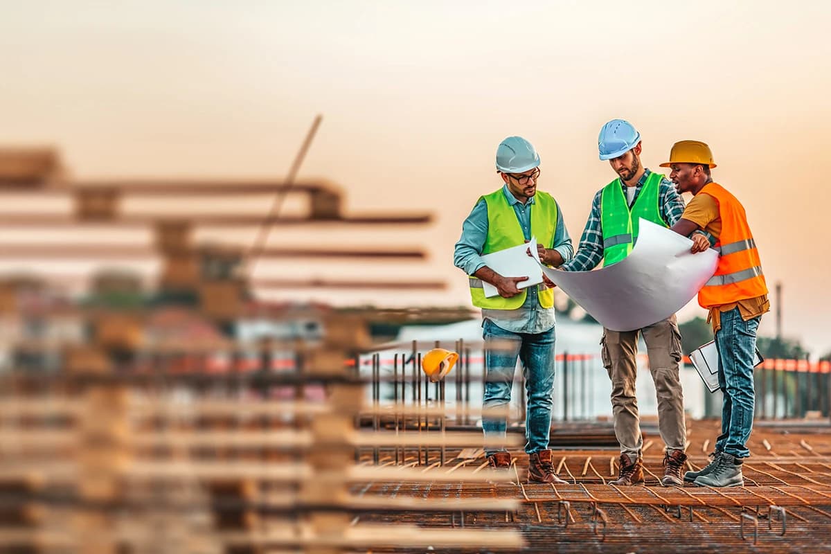 Three construction workers looking at drawings