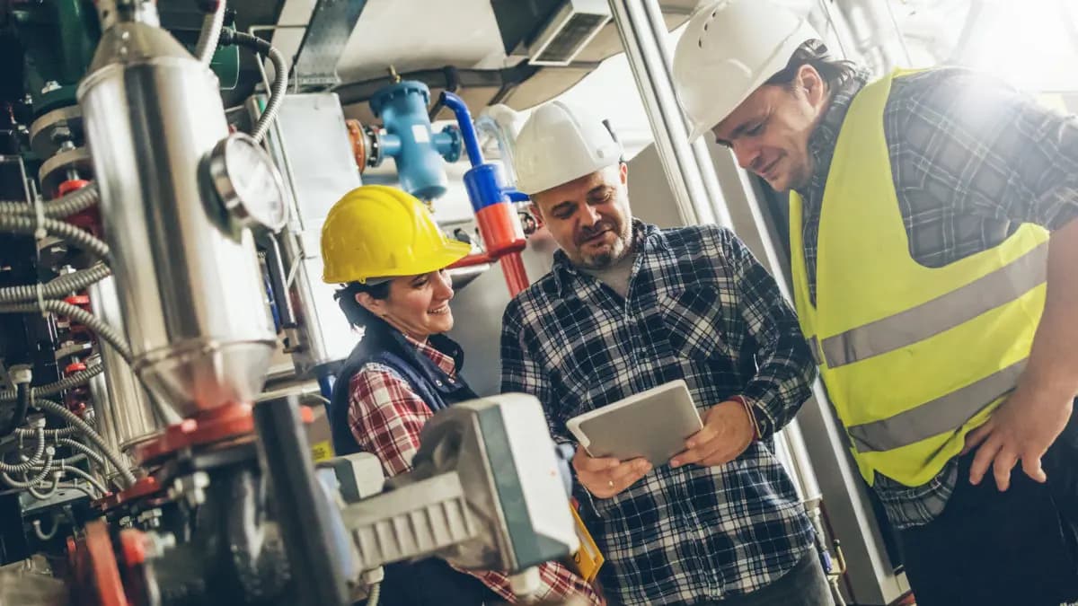 Three construction workers looking at an iPad on site 1200x675