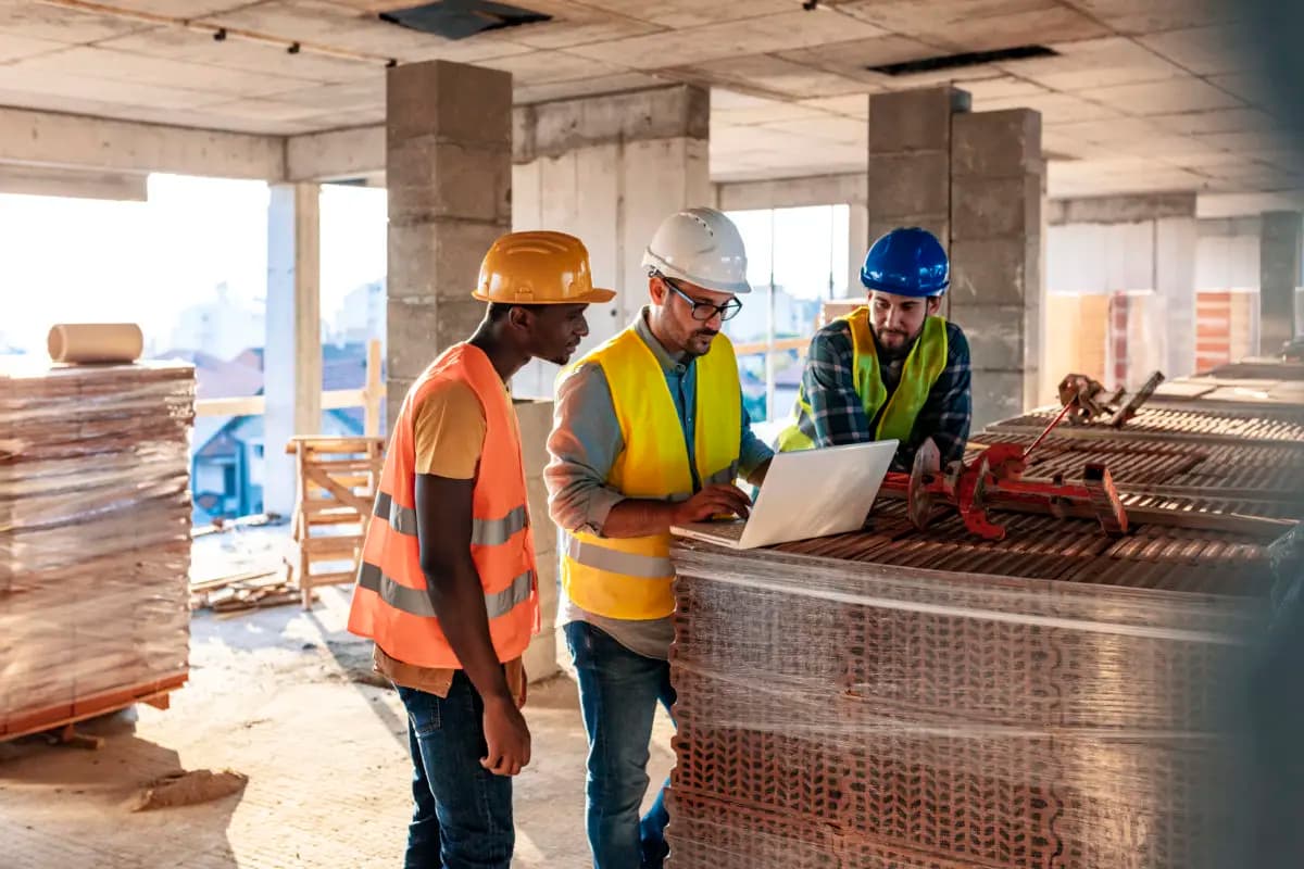 Three construction workers on site looking at an iPad 1200x800