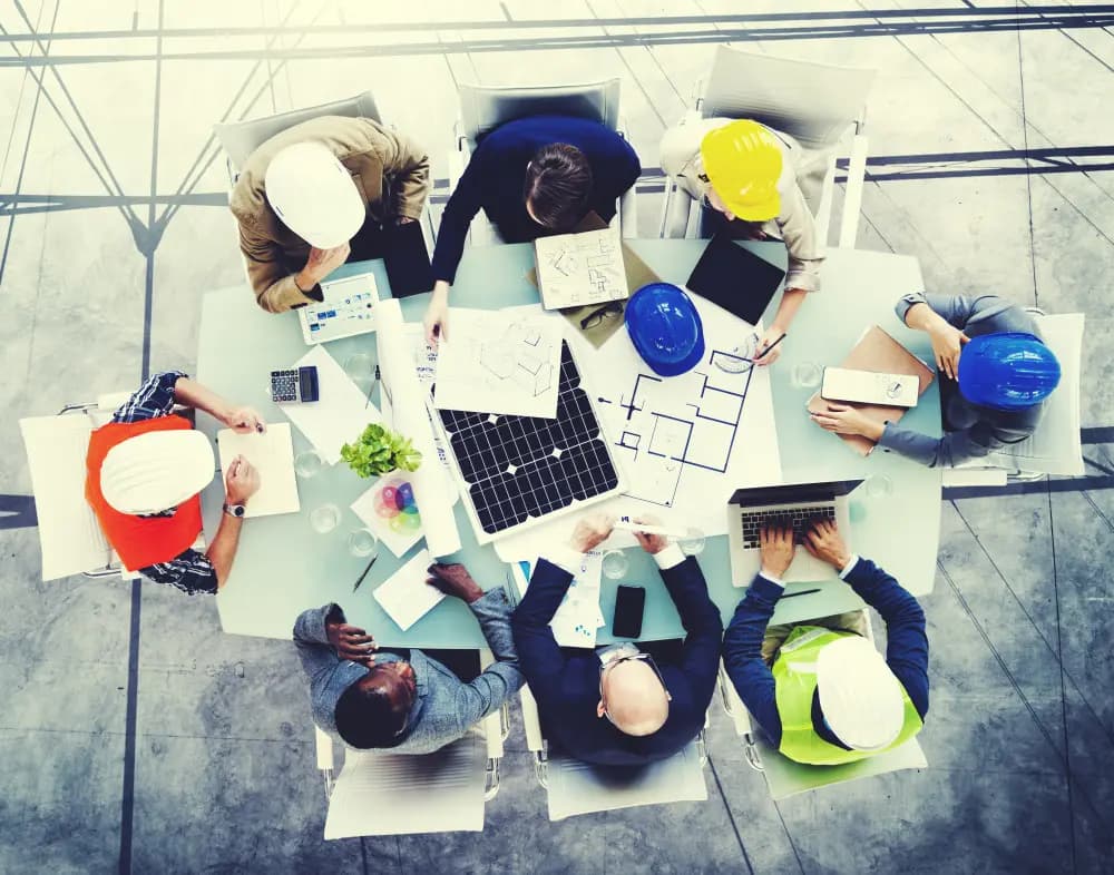 Seven construction workers overhead shot looking at drawings