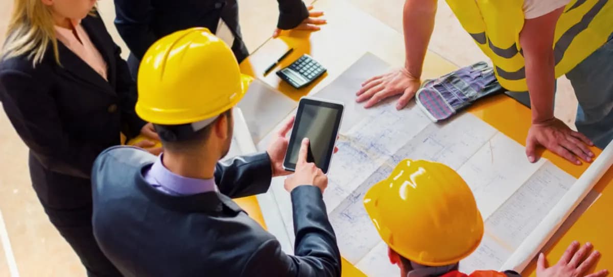 Five employees standing at a desk looking at drawings and pointing at an iPad 1200x543