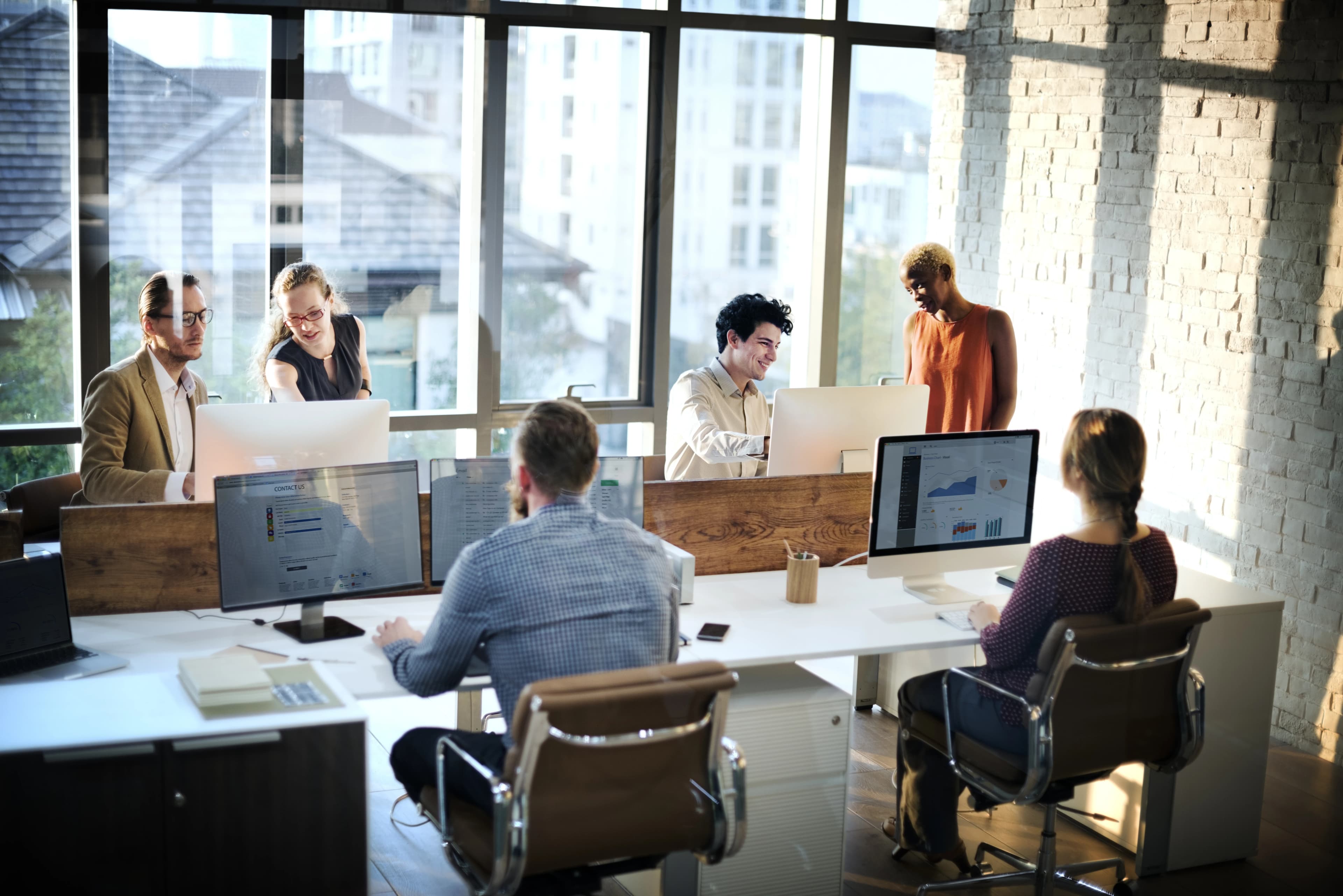 Six employees looking at monitors