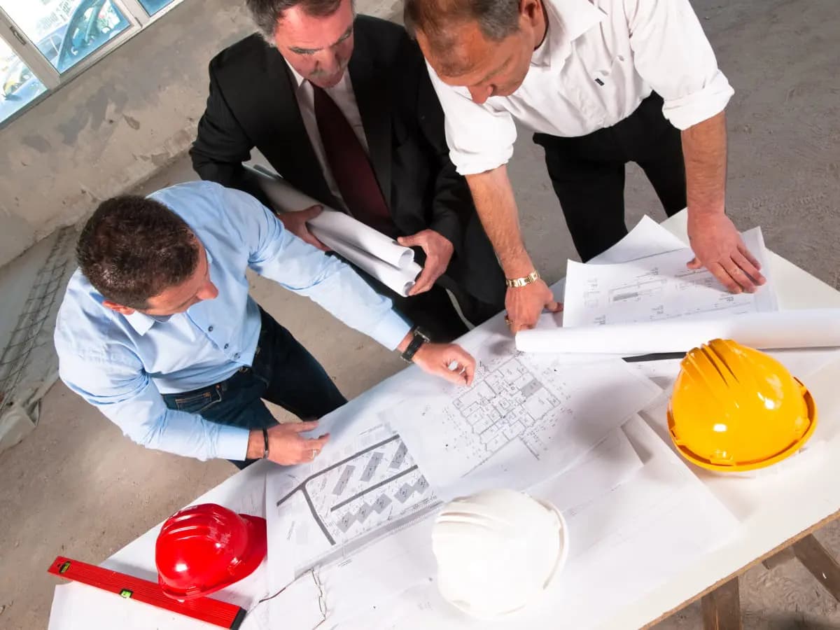 Over head shot three executives looking at drawings 1200x900