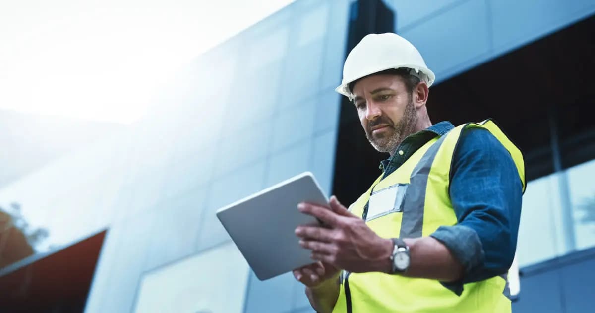 Male construction worker looking at an iPad 